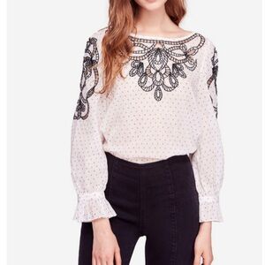 Free People White and Black Embellished Ruffled 3/4 Sleeve Blouse
